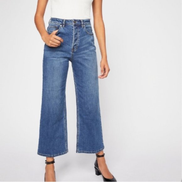 Free People Wales Wide Leg Jeans Womens Sz 28 Medium Wash High Rise Cropped - Picture 1 of 13
